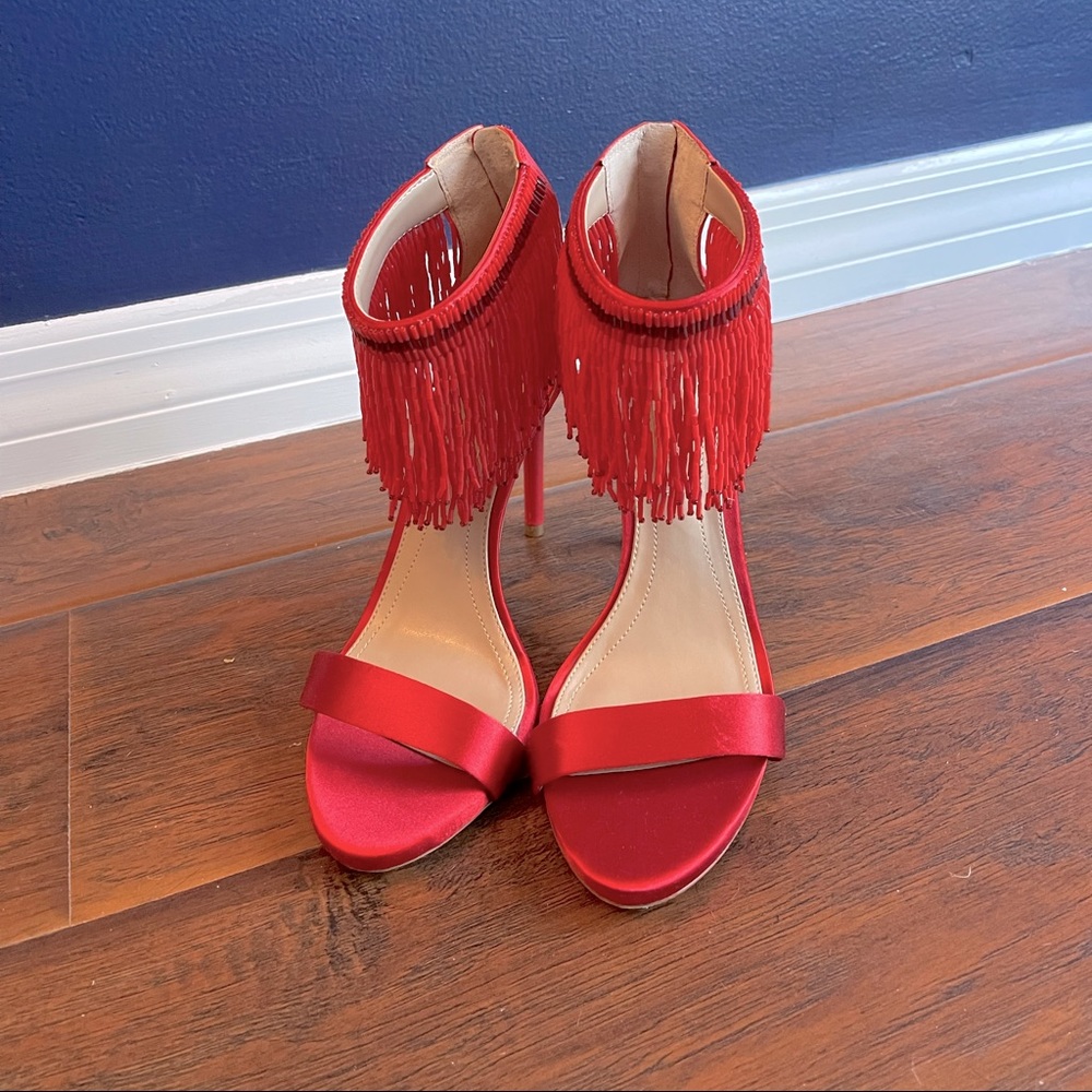 BCBGMaxazria Devine Beaded Fringe Leather Sandal